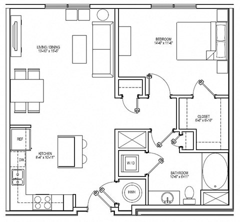 Floor plan for 1 bed, 1 bath, 841 sqft